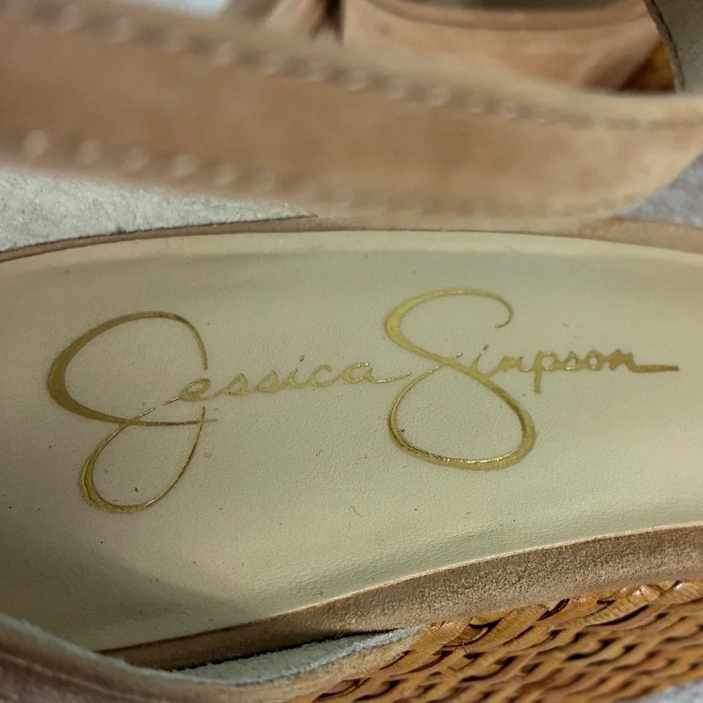 Jessica Simpson Delirah Tan Suede Woven Wicker Wedge Sandal Bow Ankle Strap 10M
